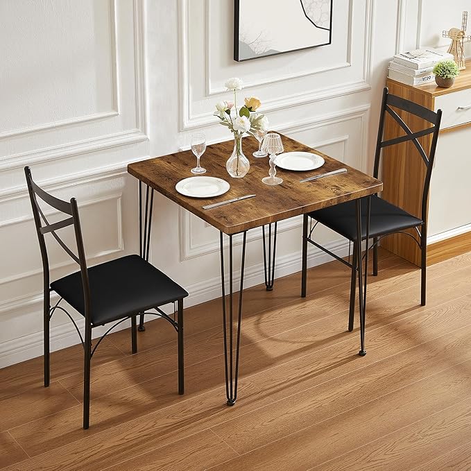 VECELO 3-Piece Dining Room Kitchen Table and Pu Cushion Chair Sets for Small Space, 2, Classic Brown,Dining Set for 2