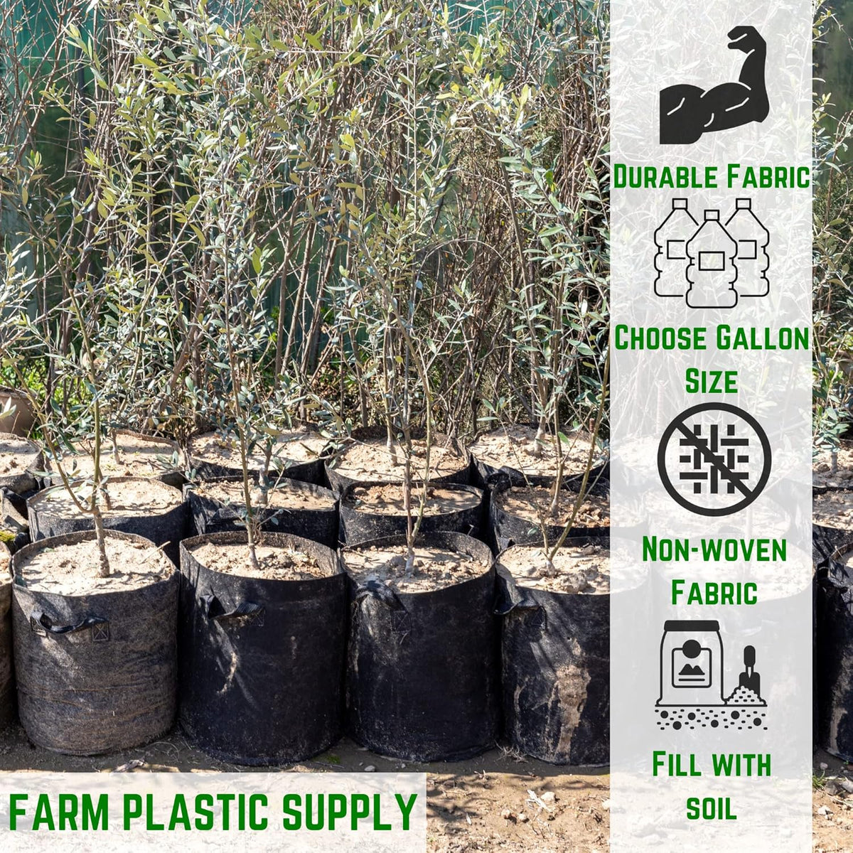 Farm Plastic Supply - 10 Gallon Fabric Grow Bags - (10 Pack) - Nonwoven Fabric Pots with Handles, Grow Bag, Plant Grow Bags, Garden Bag, for Farming, Gardening, Agriculture