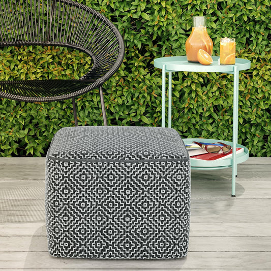 SIMPLIHOME Brody 18" Wide Square Pouf in Distressed Black Vegan Leather | Versatile boho indoor/outdoor footstool, extra seating for living room or bedroom or patio with assembled design, assembled.