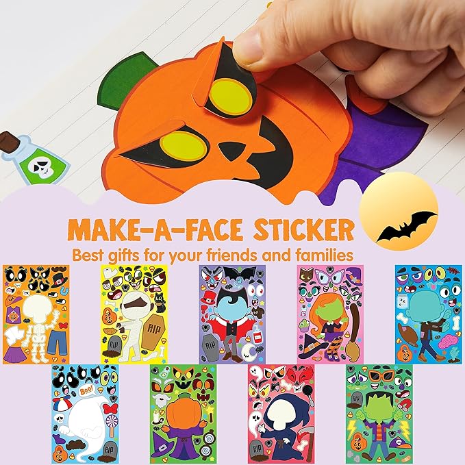 JOYIN 48 Pcs Halloween Make a Face Stickers, Halloween Party Favor for Kids, Art Craft Party Supplies, Classroom Activities Games Goodies, Sticker Sheets with Witch, Vampire Designs