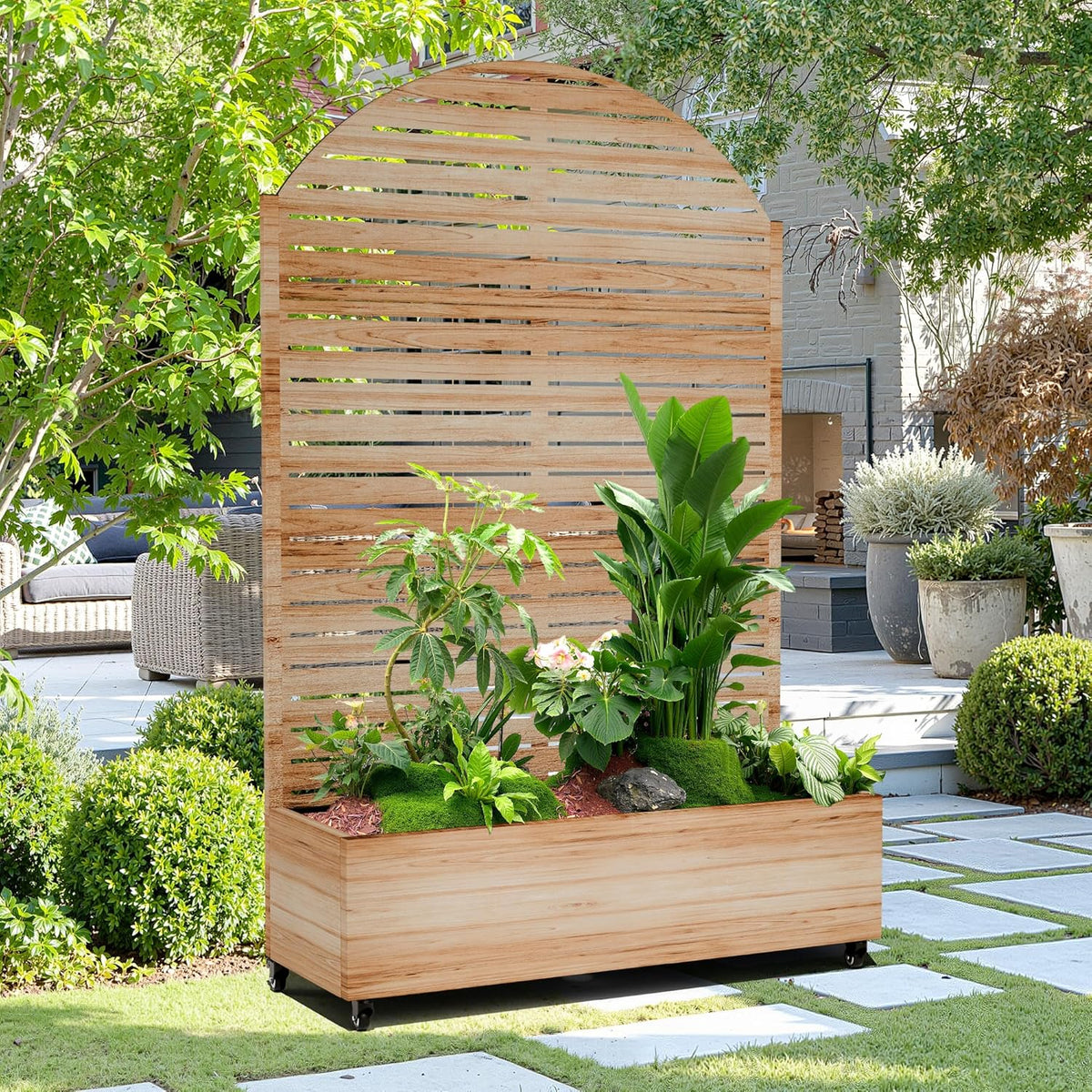 15.7"×70.9"×47.2" Metal Raised Garden Bed with Trellis and Wheels - Tall Trellis Planter Box for Climbing Plants, Vegetables & Vines - Outdoor Privacy Planters for Patio (Acacia Wood Grain-Louvered)