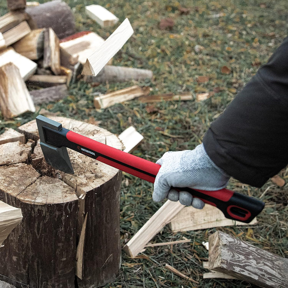 INTERTOOL Long Hatchet Camping Axe for Wood Chopping and Kindling - 18" Ax Tool for Splitting Firewood & Outdoor Survival, Gardening, Hiking with Shock Absorbing Anti-Slip Handle & Sheath - HT08-0292