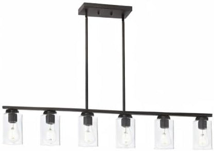 6-Light Kitchen Island Lighting Fixtures, Clear Glass Farmhouse Pendant Lights Hanging Chandelier in Oil Rubbed Bronze for Dining Room Table Cafe Bar