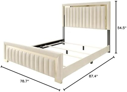 HOME DESIGN Olathe King Size Upholstered Panel Bed Frame, Vertical Channel Tufted Headboard with Gold Metal Accent, Velvet Fabric, Platform Design, Box Spring Required, Beige