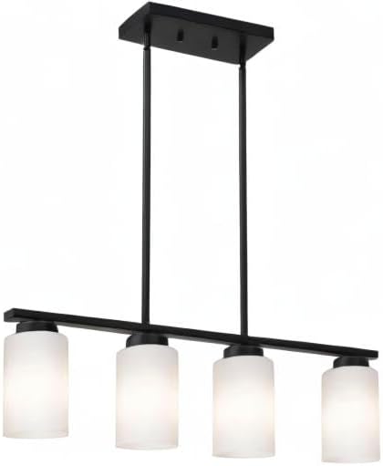 Farmhouse Dining Room Pendant Light Fixtures in Black Finish, 4-Lights Island Lighting with Opal White Glass Shades for Kitchen