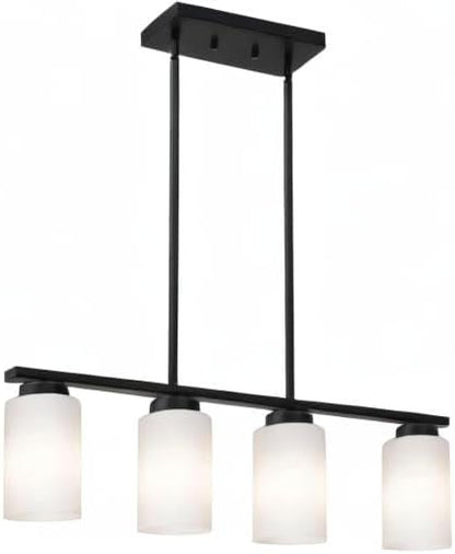 Farmhouse Dining Room Pendant Light Fixtures in Black Finish, 4-Lights Island Lighting with Opal White Glass Shades for Kitchen