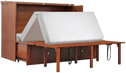 Mega Solutions Notturno Murphy Cabinet Bed Queen 8 inch Save Space in Style with Elegant Cognac Wood Finish Charging Station - Guest Room or Small Apartment Must-Have