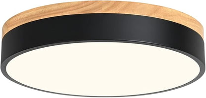 Dimmable Modern Wood Ceiling Light, Black LED 5CCT 2700K-6000K Flush Mount Ceiling Lighting Fixture, Round Light Fixtures for Kitchen Entryway Hallway Bedroom Laundry Room-11.8in