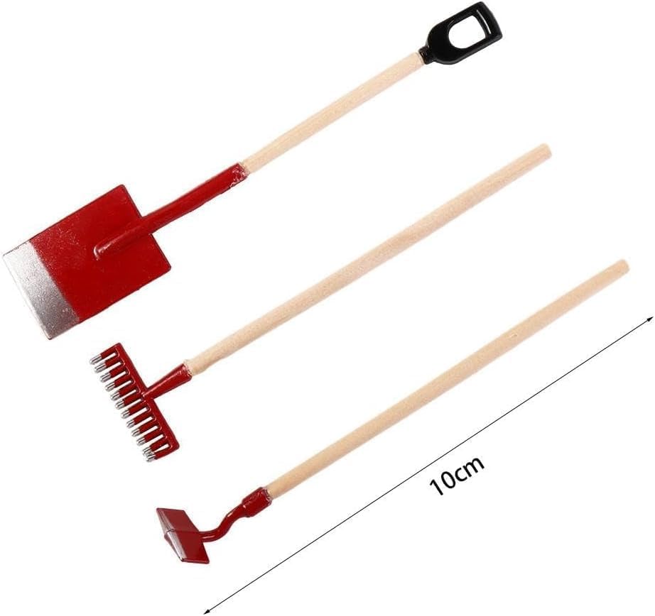 3Pcs Miniature Garden Tools 1:12 Mini Shovels and Rake Farm Tools Fairy Garden Furniture Dollhouse Accessories (Black)