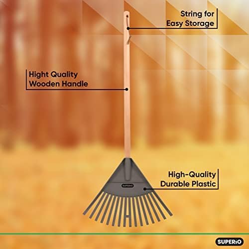 Superio Kids Rake with Hardwood Handle, Durable Plastic Head to Sweep Leaves in Lawn and Tidying Up The Garden, 34" (Kid Size, Grey, 1-Pack)