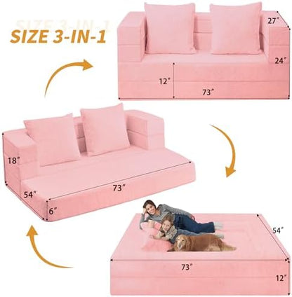 Futon Sofa Bed with Pillow, 3-in-1 Sleeper Sofa Bed with Removable Cover | Convertible Floor Sofa Bed with Memory Foam Filled, No Assembly Couch for Living Room, Bedroom（Pink King）