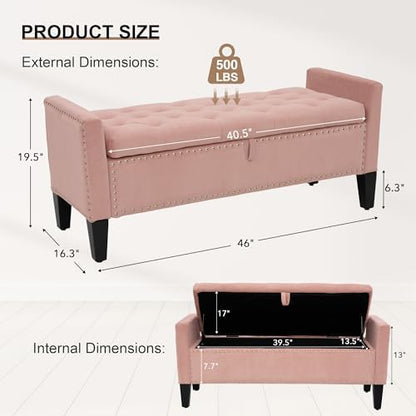 Velvet Ottoman with Storage, 46'' Upholstered Button Tufted End of Bed Bench with Arms, Modern Storage Bench for Living Room, Bedroom, Entryway, Pink