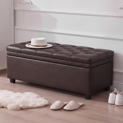 Mangodan 43" Storage Ottoman Bench, Tufted Ottoman with Storage for Living Room, Large End of Bed Ottomans, Modern Entryway Benchs, Window & Bedroom Benches for Foot of Bed (Faux Leather Dark Brown)