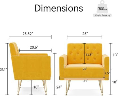 Olela Velvet Accent Chair with Arm for Living Room,Modern Armchair Single Sofa Cozy Tufted Upholstered Reading Side Chairs with Gold Metal Leg for Bedroom Decorate(1, Mustard Yellow)