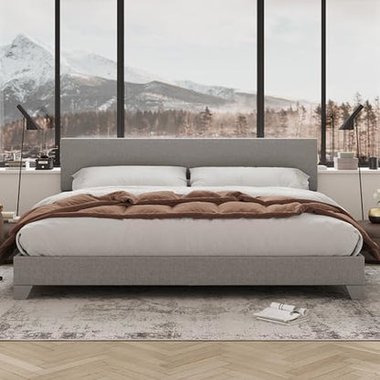 Allewie King Size Upholstered Bed Frame Adjustable Headboard, Light Grey