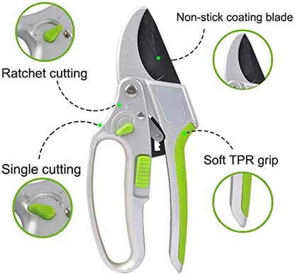 GARDEN GURU 2 in 1 Ratchet Pruning Shears Clippers – 4X Cutting Power – Ratcheting Garden Anvil Pruners Scissors - Ergonomic Grip - Makes Tough Cuts Easy - Great for Seniors & Arthritic Hands