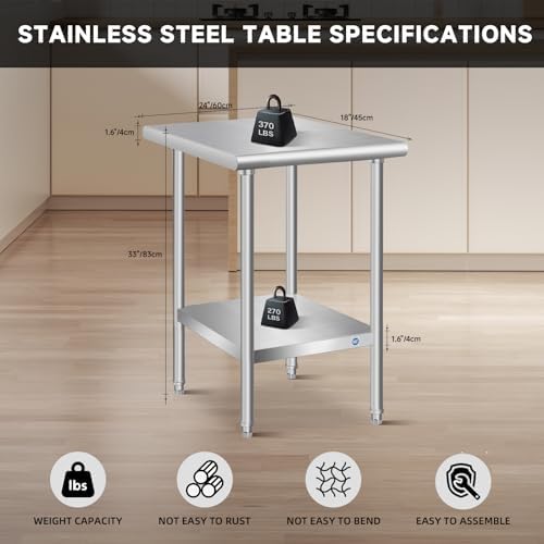 Stainless Steel Table for Prep & Work, Commercial Stainless Steel Prep Metal Table for Home Kitchen Restaurant Space Expansion (24 x 18 x 33 Inch)