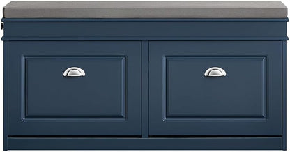 Haotian Shoe Storage Bench Entryway, Shoe Cabinet Bench with 2 Flip Drawers & Cushion, Modern Design Shoe Organizer for Hallway, Navy Blue FSR64-B