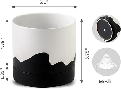 Nihow Ceramic Plant Pot: 6 Inch Planter with Drainage Hole & Saucer for Indoor & Outdoor Plants - Cylinder Round Flower Pot for Succulent/Herbs/Violets - White & Wave Black