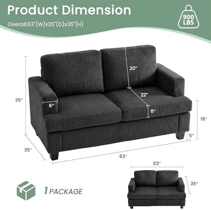 2 Pieces Corduroy Couch Set for Living Room, Black Cloud Sofa, Deep Seat Floor Couch for Bedroom, Futon Modern Sofa Sectional Bed, Black Corduroy