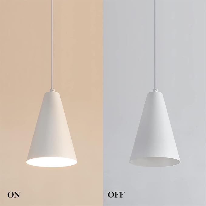 White Plug In Pendant Lights Kitchen Island,Dining Room Light Fixtures Over Table 1 Pack with Cone Metal Shade, Modern Farmhouse Mini Chandeliers with Cord On/Off Switch Hanging Lighting for Sink
