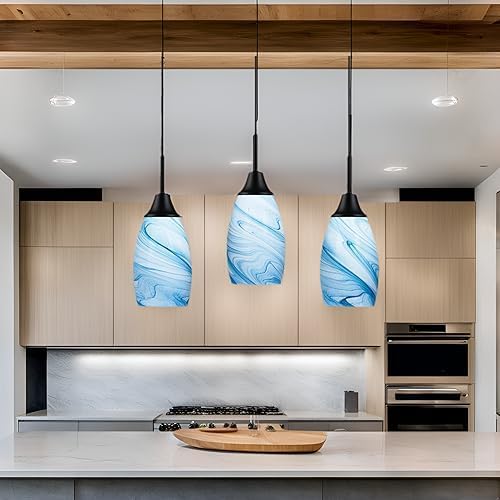 Mini Glass Pendant Light 4.72" with Handblown Blue Marble Art Glass Hanging Light 1-Pack Oval Ceiling Hanging Light Fixture for Dining Room Kitchen Island Cafe Foyer Hallway