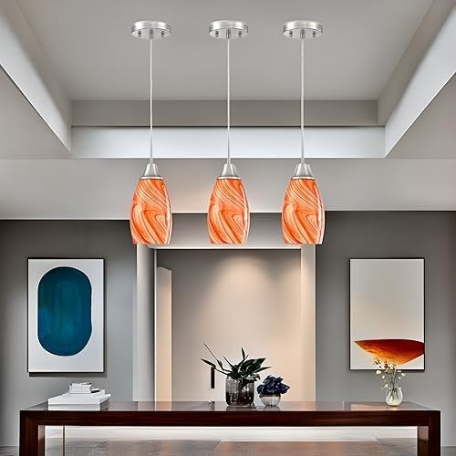 Mini Glass Pendant Light 4.72" with Handblown Orange Marble Art Glass Hanging Light 3-Pack Oval Ceiling Hanging Light Fixture for Dining Room Kitchen Island Cafe Foyer Hallway