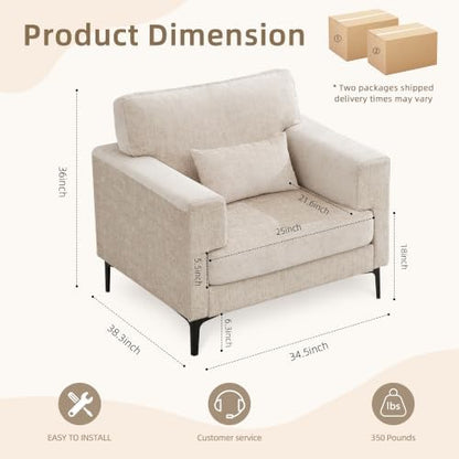 Oversized Accent Chair Armchair with Metal Legs | Comfy Chenille Arm Chairs and a Half,Modern Century Single Sofa Extra Large Reading Club Chair for Living Room,Bedroom,Brown