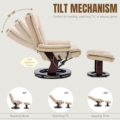Swivel Recliner Chair with Ottoman Reclining Lounge Sofa Footrest, Set of 1 | 360°Sturdy Wood Base, Soft Faux Leather, Upholstered Ultra-Plush Foam, Modern Armchair, Living Room Bedroom Office Reading