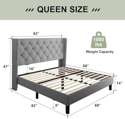 Feonase Queen Bed Frame with Upholstered Wingback Headboard, Platform Bed and Heavy Duty Wooden Slats Support, Easy Assembly, Noise-Free, No Box Spring Needed, Light Gray