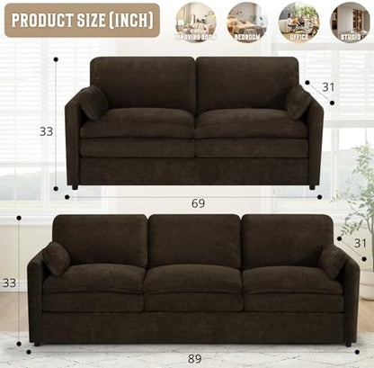 Comfy Chenille Sofa Set with Well-Filled Pillows, Brown | Modern 3 Seater & Loveseat Sofa w/Upholstered Cushions, 2 Pieces Sectional Couch w/Soft & Thickened Seats for Living Room
