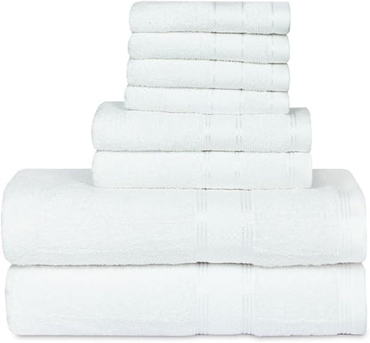 Casa Lino Bath Towel Set of 8 (2 Bath Towels, 4 Wash Cloths & 2 Hand Towels for Bathroom) - 100% Cotton - Highly Absorbent & Quick Dry - Guest Room Essentials for Bathroom Set - (White)
