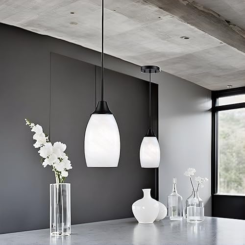 Mini Glass Pendant Light,1-Light Handblown White Oval Art Glass Hanging Pendant Light for Kitchen Island,Dining Room,Living,Foyer,Hallway, Entry Matte Black Metal