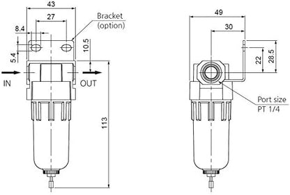 PneumaticPlus SAF200-N02B Miniature Compressed Air Particulate Filter 1/4" NPT - Poly Bowl, Manual Drain, Bracket