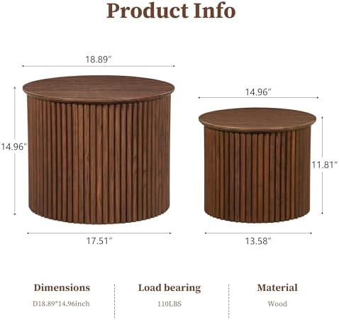 AVZEAR Round Nesting Coffee Table Set of 2, Small Fluted Coffee Table Circle Side Table, Mid Century Modern Wood Nesting Tables Farmhouse End Table Set for Living Room, Bedroom, Small Spaces(Walnut)