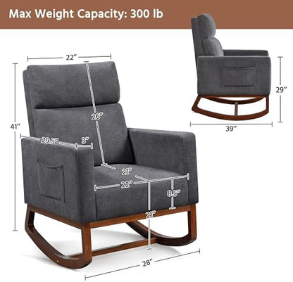 Yaheetech 28in Wide Padded High Back Glider Rocking Chair, Gray Polyester | High Back Nursing Chair with Side Pockets, Thick Foam Glider Chair, Rubberwood Base, Leisure Rocker for Living Room Bedroom
