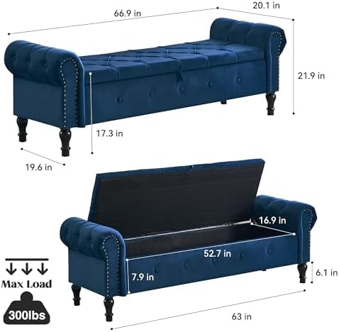Velvet Storage Bench 67 Inch Upholstered Tufted Ottoman Bench with Arms Large Storage Space King Size End of Bed Bench for Bedroom Living Room Entryway Navy Blue