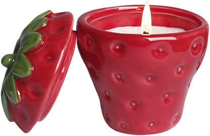 Strawberry Shaped Ceramic Candle Jar with Lid, Home Decor Aromatherapy Candlestick, Easter Bonus Candy Chocolate Storage jar (Red)