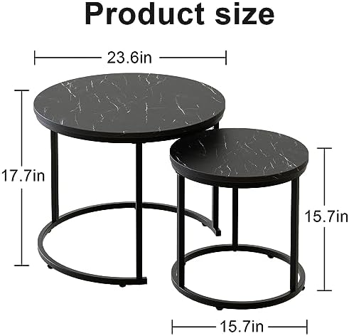 aboxoo Round Nesting Coffee Table Side Set of 2 End Tables for Living Room Bedroom Balcony,Black Faux Marble Wooden Table 23.6IN Accent Large Coffee Table with Steel Frame