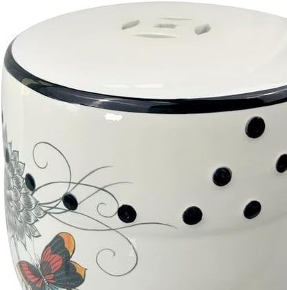 Hand-Painted Floral Bird Ceramic Drum Stool - Oriental Artistry Storage Ottoman, Accent Seat, End Table (The Butterfly‘s Floral Dance)