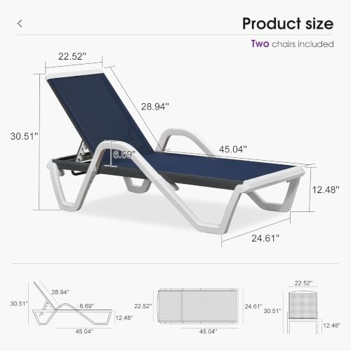 PURPLE LEAF Lounge Chair Outdoor Set of 2 w/Armrest for Poolside Navy Blue | Quick & Easy Assembly, Quick-dry Mesh Keeps You Cool, UV-proof Weave Keeps Color Vivid, Rustproof Frame Lasts Years