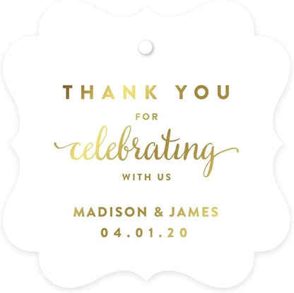 Andaz Press Personalized Fancy Frame Square Wedding Gift Tag, Metallic Gold Custom Tags, Thank You for Celebrating with US, 24-Pack, Custom Name Thank You Tag, 2x2 Personalized Gift Tags for Favors