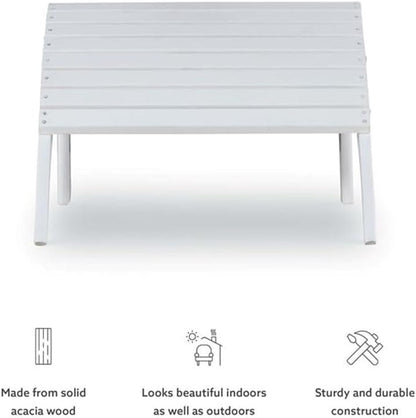 Outdoor Ottoman, Solid Wood and Acacia, White Finish, 21.6" W x 21.06" D x 13.7" H, Sturdy Transitional Patio Footrest, Ideal for Adirondack Chair or Outdoor Furniture Use