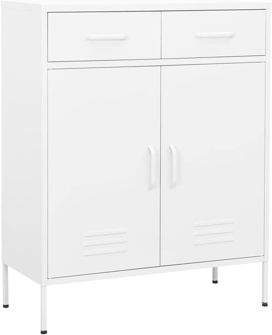 White Steel Cabinet 31.5x13.8x40 in, 2-Door Pantry w/ 2 Drawers, Adjustable Shelf, 220 lb Load for Bath/Kitchen/Garage
