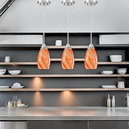 Mini Glass Pendant Light 4.72" with Handblown Orange Marble Art Glass Hanging Light 3-Pack Oval Ceiling Hanging Light Fixture for Dining Room Kitchen Island Cafe Foyer Hallway
