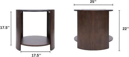 DDAYALANE Farmhouse Wooden Bedside Table for Living Room, White Faux Marble Tabletop, 25" Round Side Table Night Stand for Bedroom with 2-Tier Storage End Table, Rustic Black and White