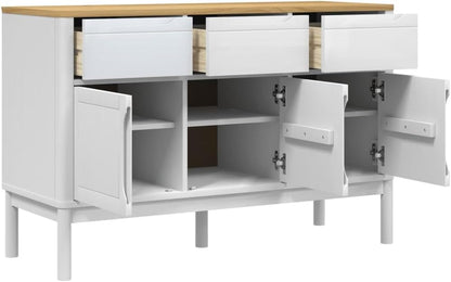White Sideboard Buffet Cabinet, Solid Pine Wood and Engineered Wood Credenza with 2 Drawers and 3 Doors, Accent Storage Cabinet for Dining Room, Living Room, Hallway, 44.9 Inch