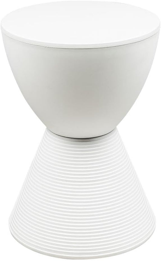Pemberly Row Contemporary Round Plastic End Table, White Finish, 11.75 in x 16.75 in, Hourglass Shape with Ribbed Bottom Design, Hidden Storage, Lightweight Compact Indoor Outdoor Side Table