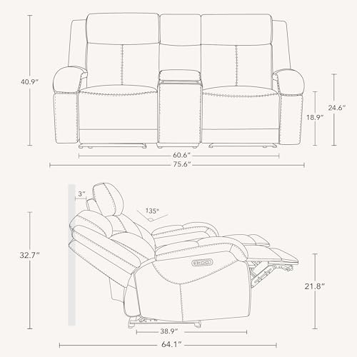Watson & Whitely Genuine Leather Power Recliner Sofa & Loveseat Set, Saddle | Wall Hugger Reclining Sofas, Power Headrest, Center Storage Console, Charging Ports, Cup Holders, Living Room Furniture Set