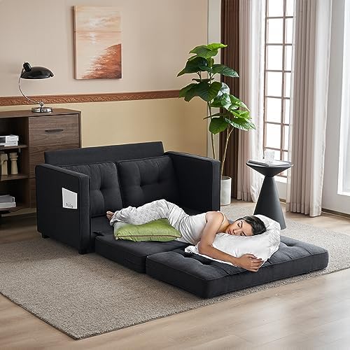 VINGLI Upgraded Loveseat Sleeper, 53.5" W 83" L Convertible Sofa Bed Couch Futon Couches for Living Room, Folding Couch Bed for Small Spaces, Fold Out Floor Gaming Sofa Bed for Basement, Black